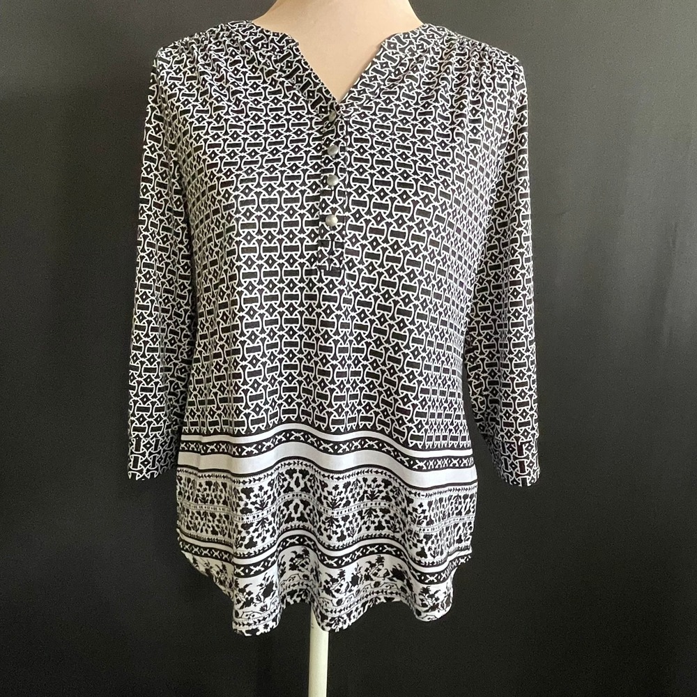 Croft & Barrow Blouse Womens S Black White Excellent Geometric 3/4 Sleeve Top